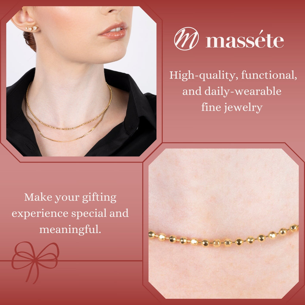 14K Solid Yellow Gold Beaded Chain Necklace Hexagon | 16”/20” - 2mm