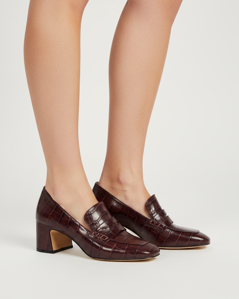 Chocolate Leather Heel Moc Croc Leather Loafer