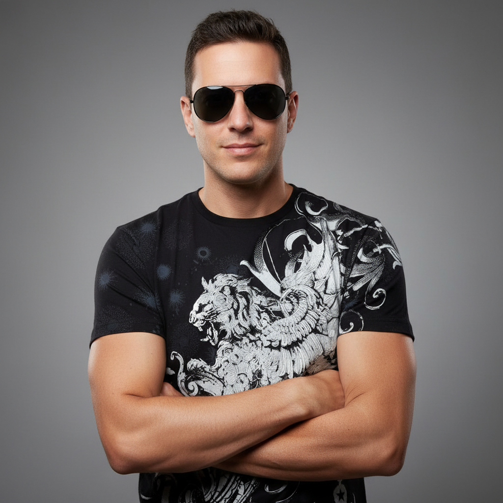 Lion and Vines Metallic Silver Embossed Cotton Mens Fashion T-Shirt