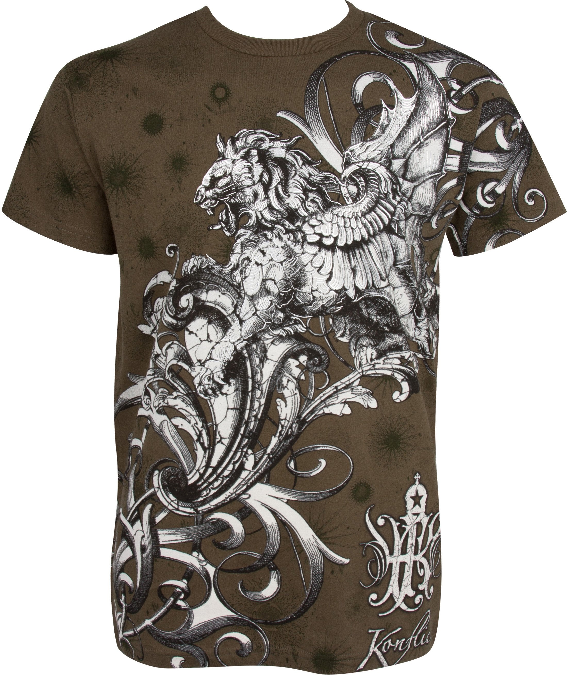 Lion and Vines Metallic Silver Embossed Cotton Mens Fashion T-Shirt