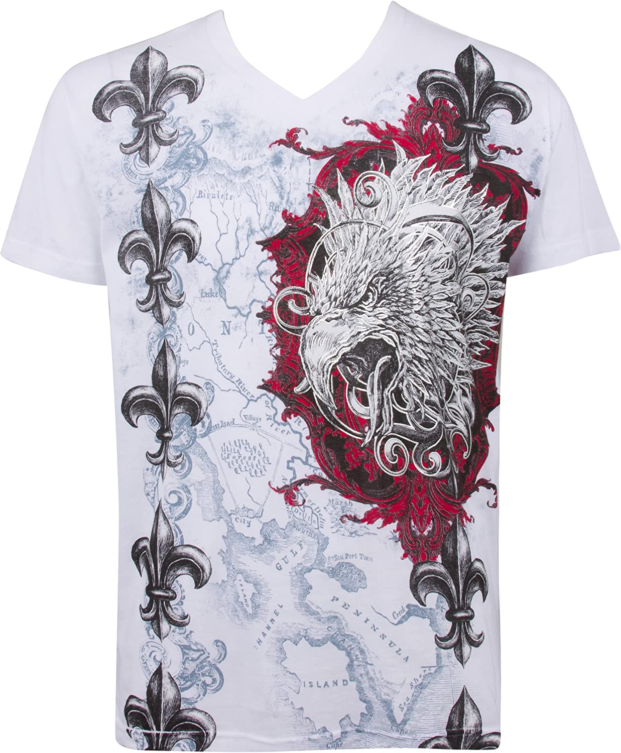Sakkas Men's Silver Embossed Eagle Head V-Neck T-Shirt