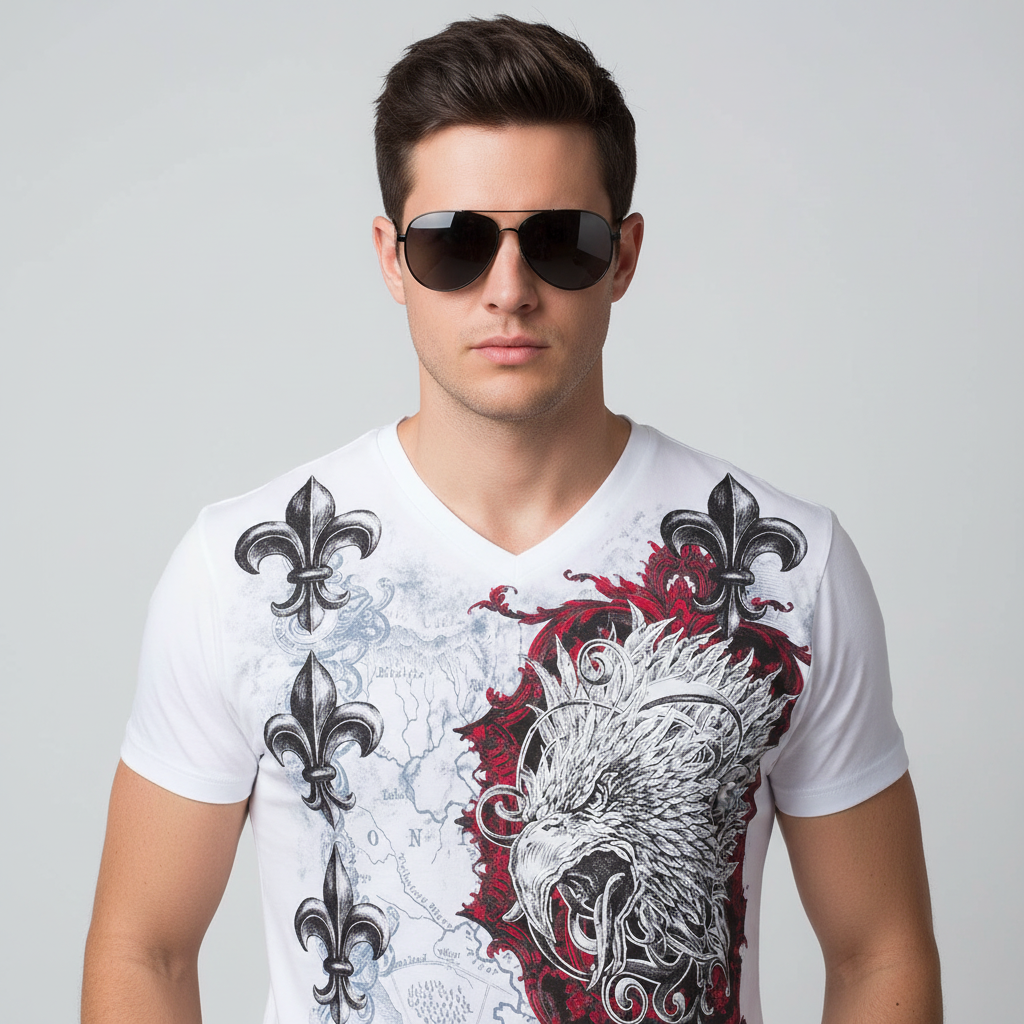 Sakkas Men's Silver Embossed Eagle Head V-Neck T-Shirt