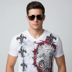 Sakkas Men's Silver Embossed Eagle Head V-Neck T-Shirt