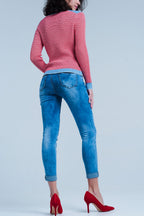 Medium Wash Skinny Jeans with Leopard Print