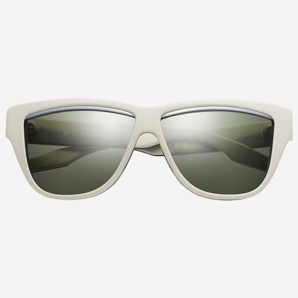 Dusky Sunglasses in Polished Ivory DPM and Brushed Aluminum | Green Grey Lens