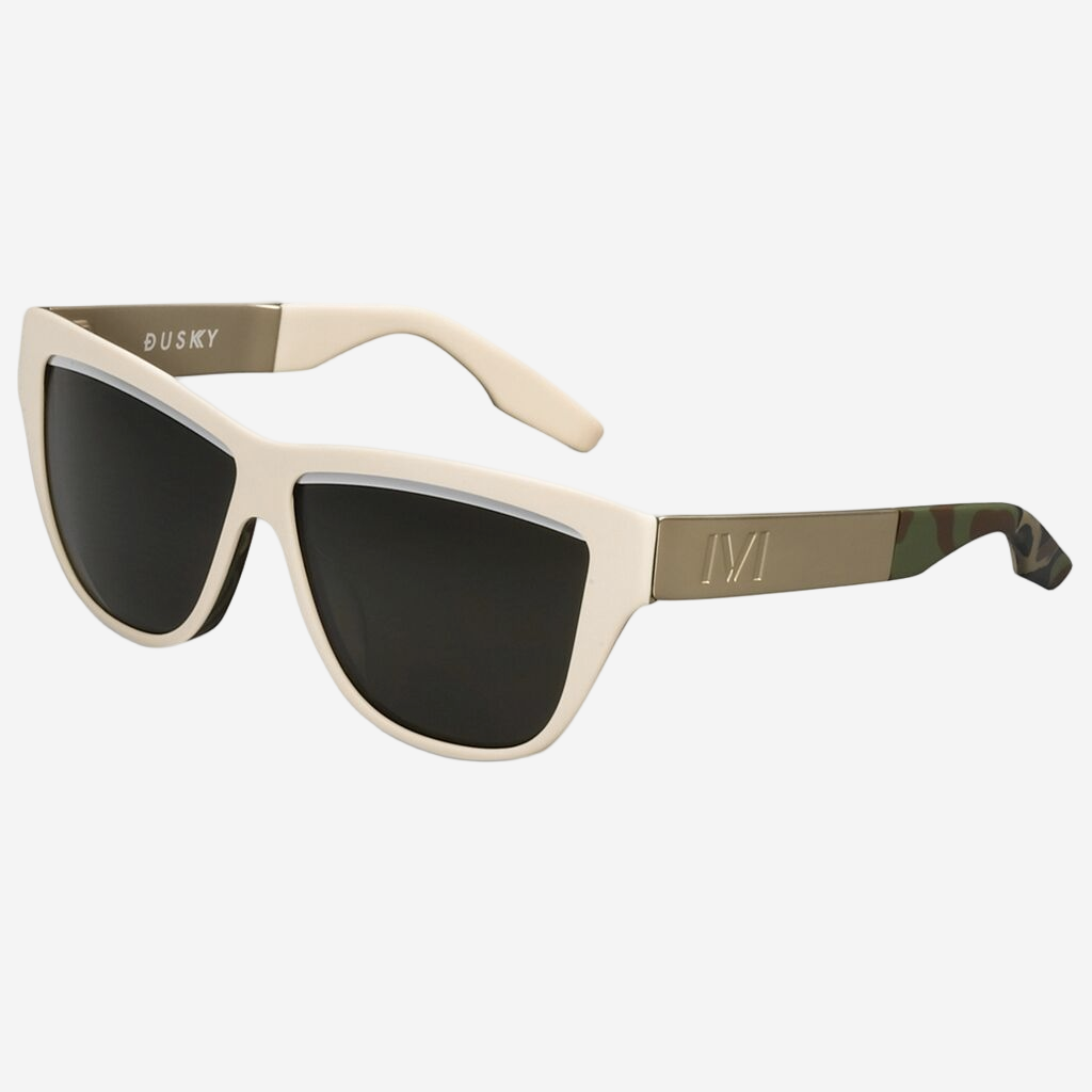 Dusky Sunglasses in Polished Ivory DPM and Brushed Aluminum | Green Grey Lens