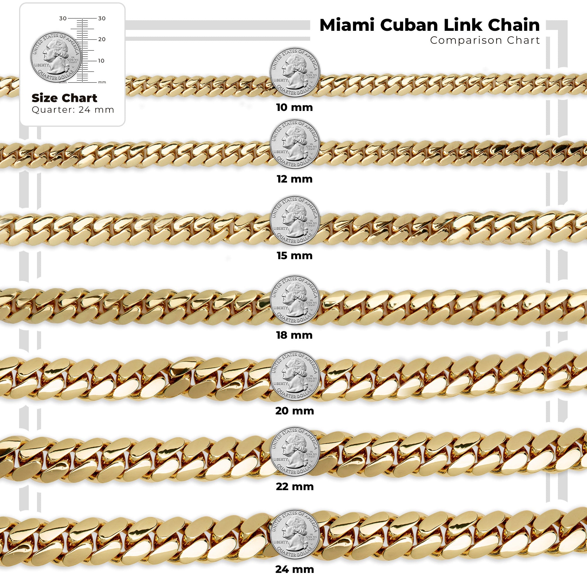 Miami Cuban Link Chain Set Necklace and Bracelet 14K Gold Premium Plated | 10-24mm