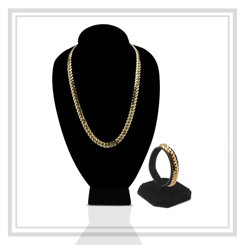 Miami Cuban Link Chain Set Necklace and Bracelet 14K Gold Premium Plated | 10-24mm