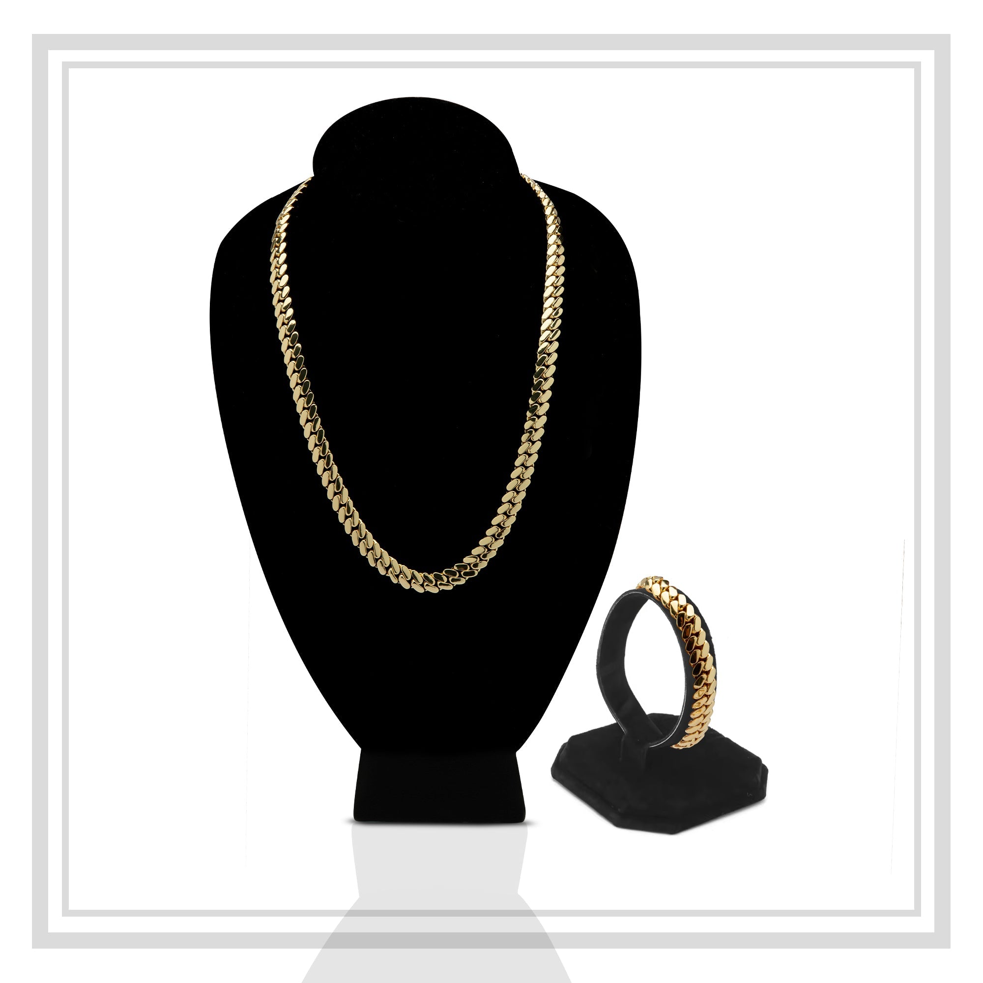 Miami Cuban Link Chain Set Necklace and Bracelet 14K Gold Premium Plated | 10-24mm
