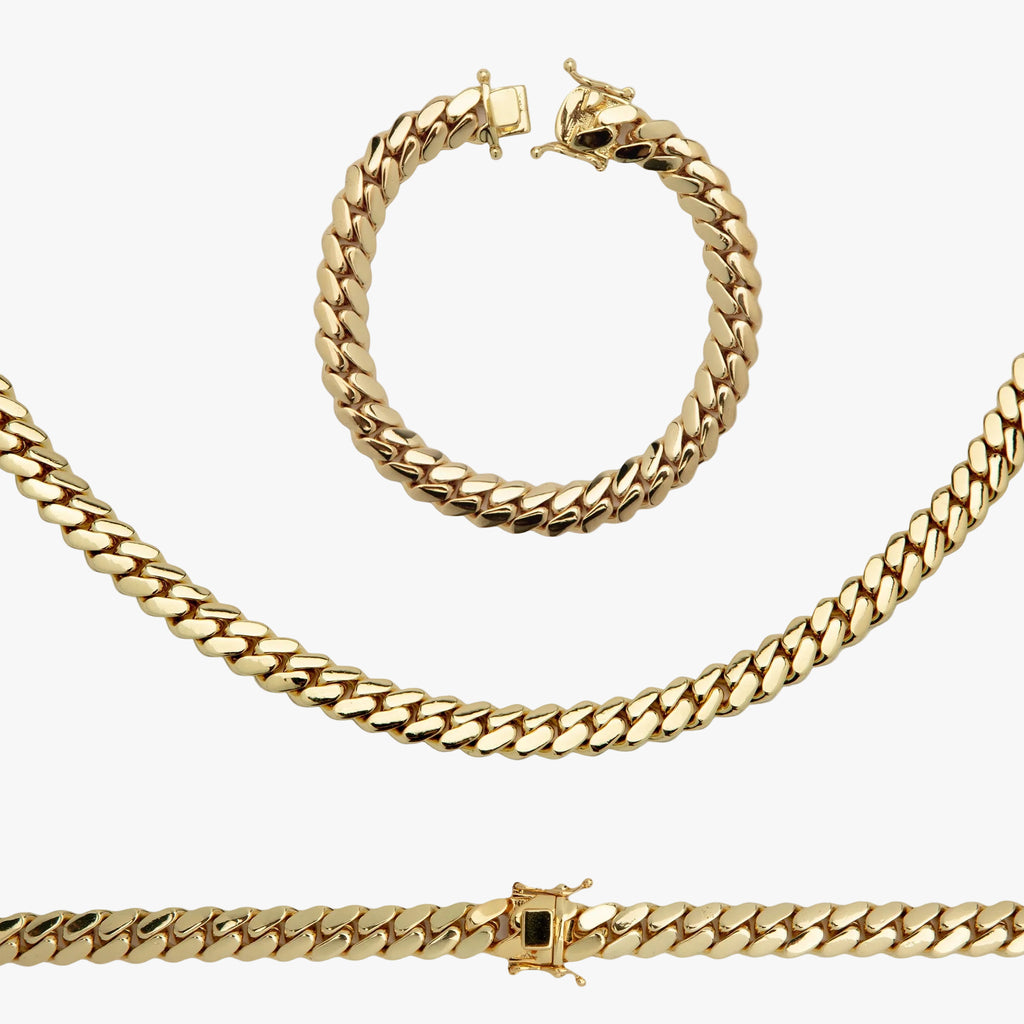 Miami Cuban Link Chain Set Necklace and Bracelet 14K Gold Premium Plated | 10-24mm
