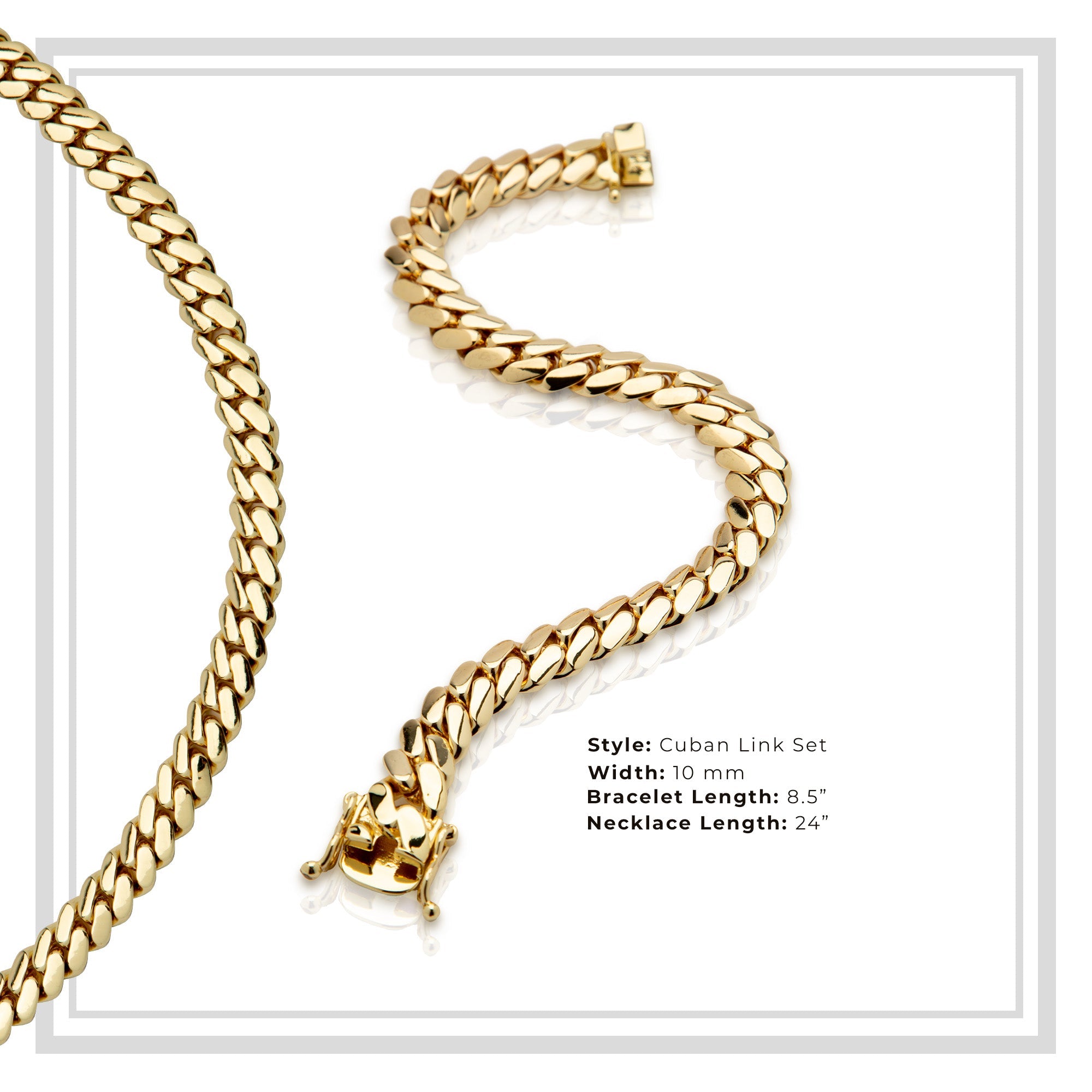 Miami Cuban Link Chain Set Necklace and Bracelet 14K Gold Premium Plated | 10-24mm