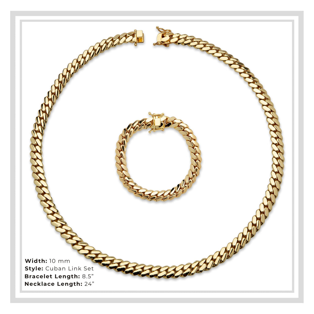 Miami Cuban Link Chain Set Necklace and Bracelet 14K Gold Premium Plated | 10-24mm