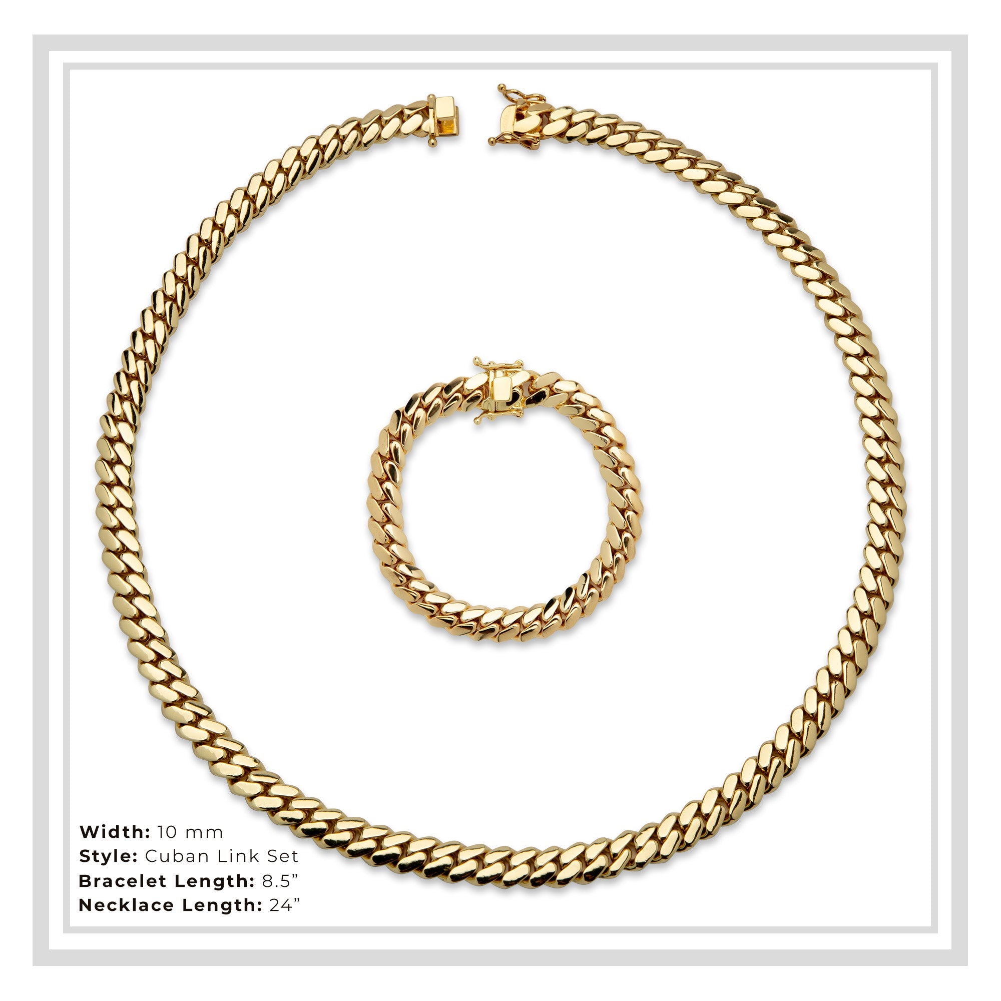 Miami Cuban Link Chain Set Necklace and Bracelet 14K Gold Premium Plated | 10-24mm