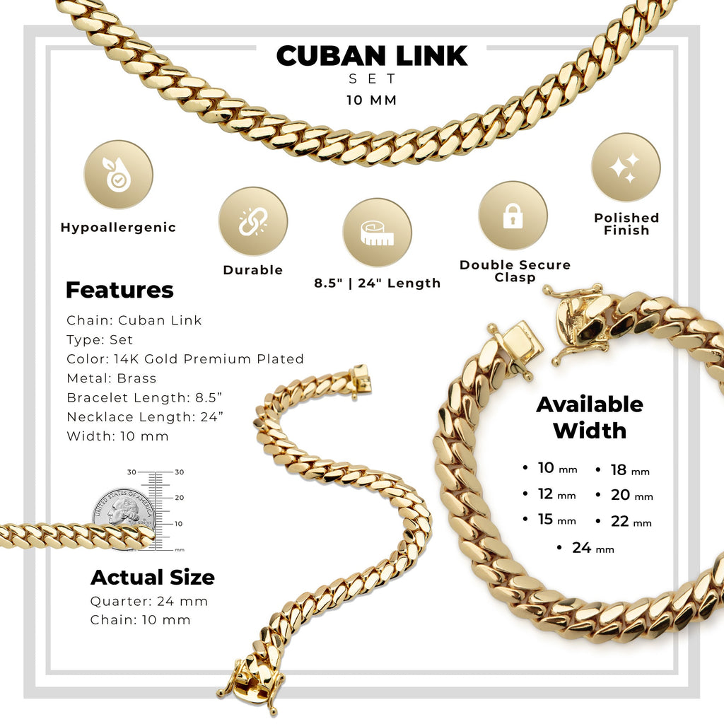 Miami Cuban Link Chain Set Necklace and Bracelet 14K Gold Premium Plated | 10-24mm