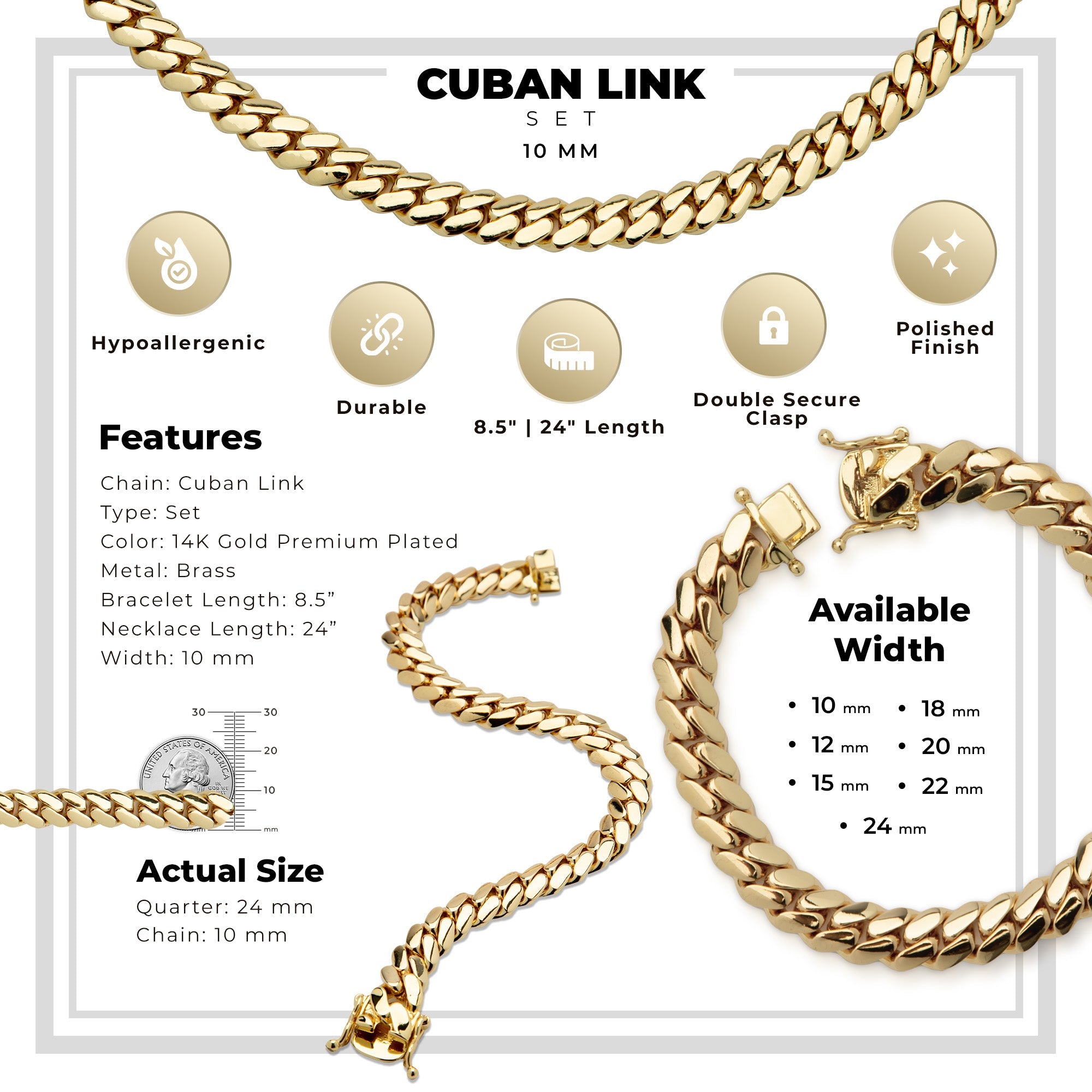 Miami Cuban Link Chain Set Necklace and Bracelet 14K Gold Premium Plated | 10-24mm