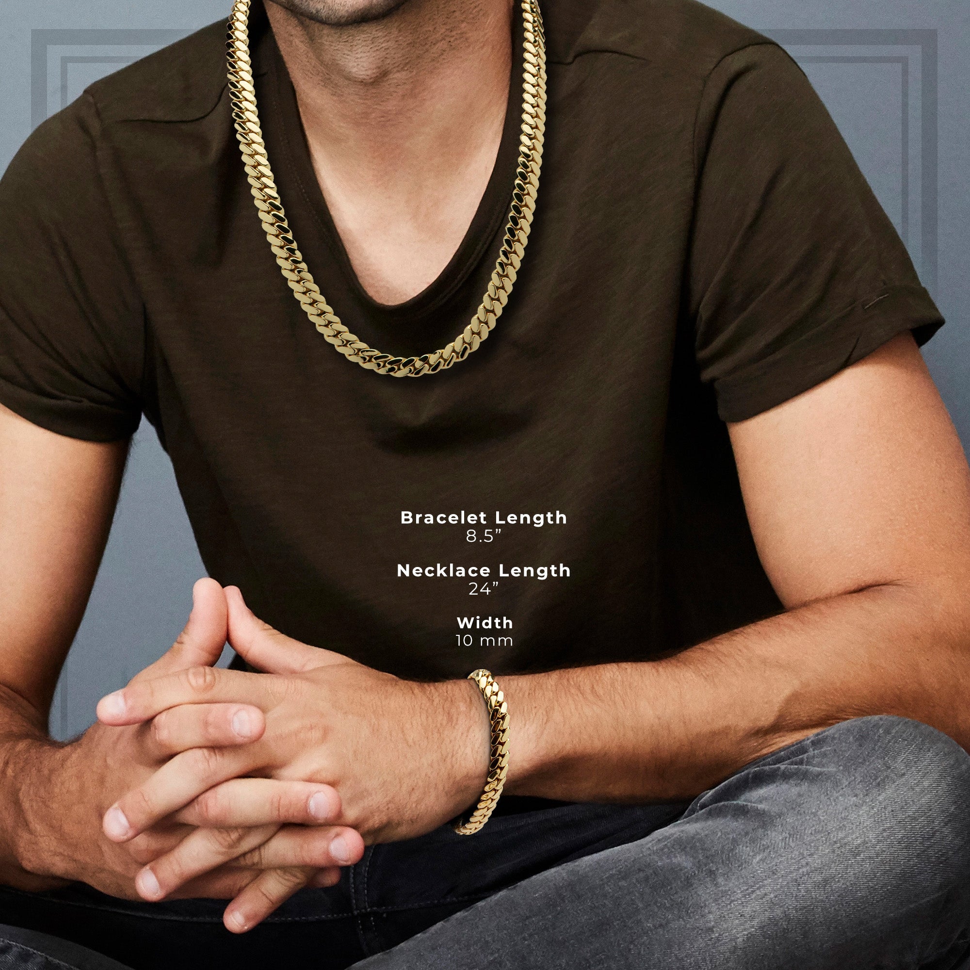 Miami Cuban Link Chain Set Necklace and Bracelet 14K Gold Premium Plated | 10-24mm