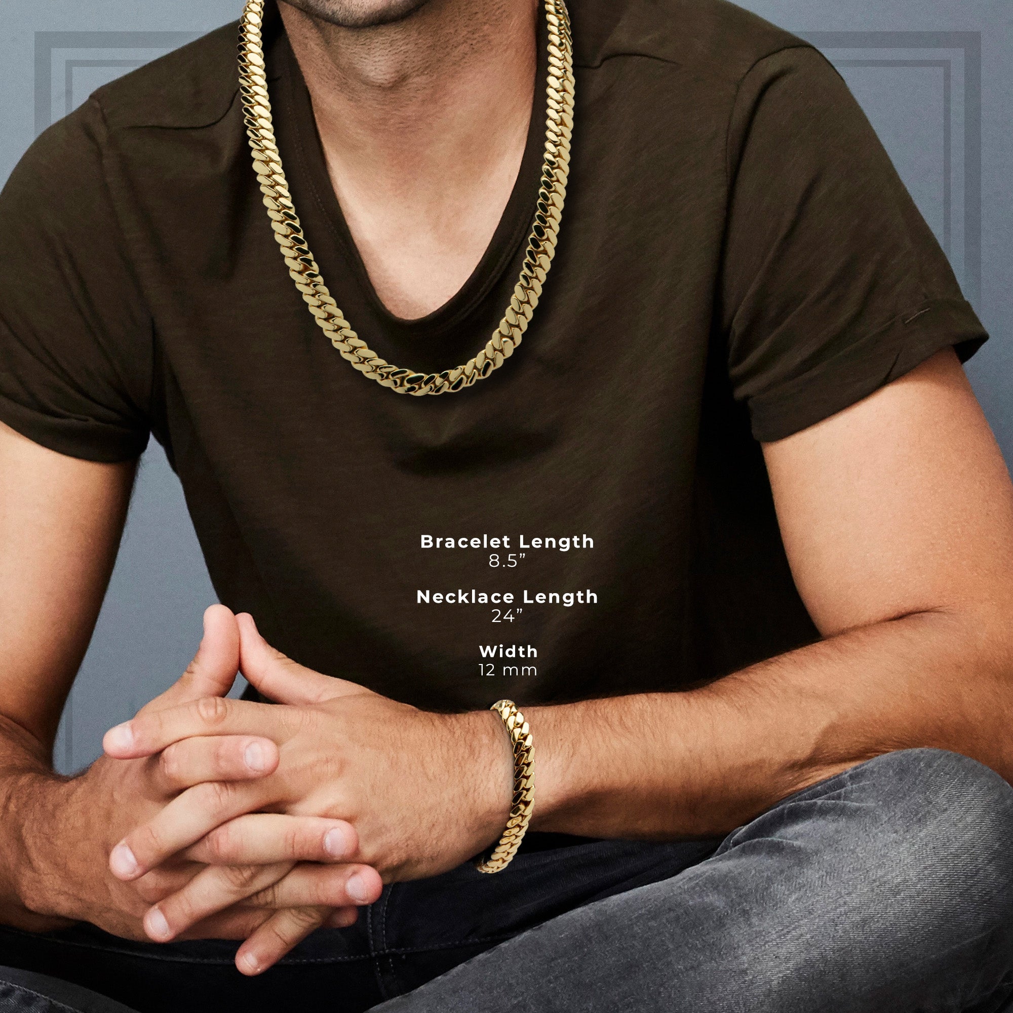 Miami Cuban Link Chain Set Necklace and Bracelet 14K Gold Premium Plated | 10-24mm