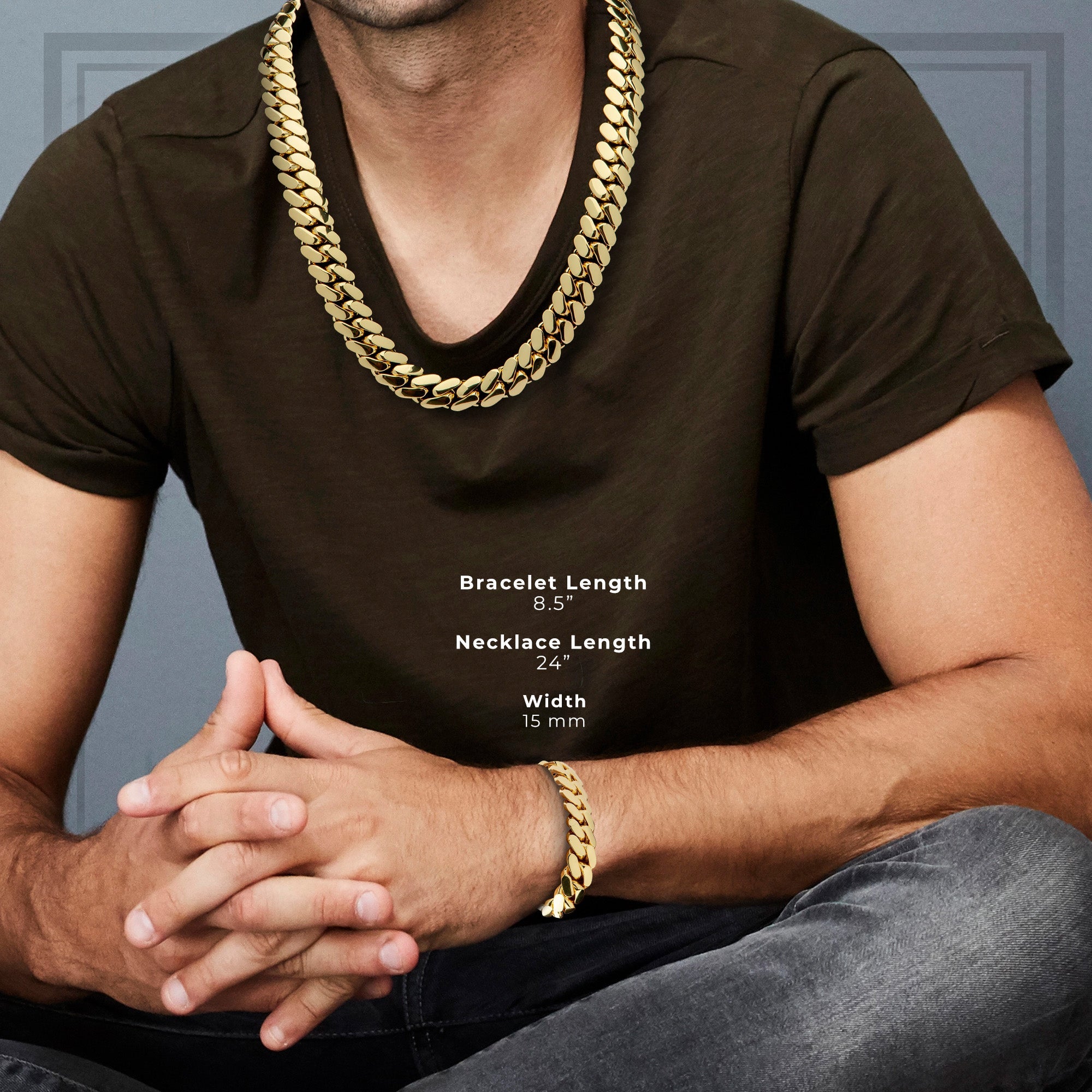 Miami Cuban Link Chain Set Necklace and Bracelet 14K Gold Premium Plated | 10-24mm