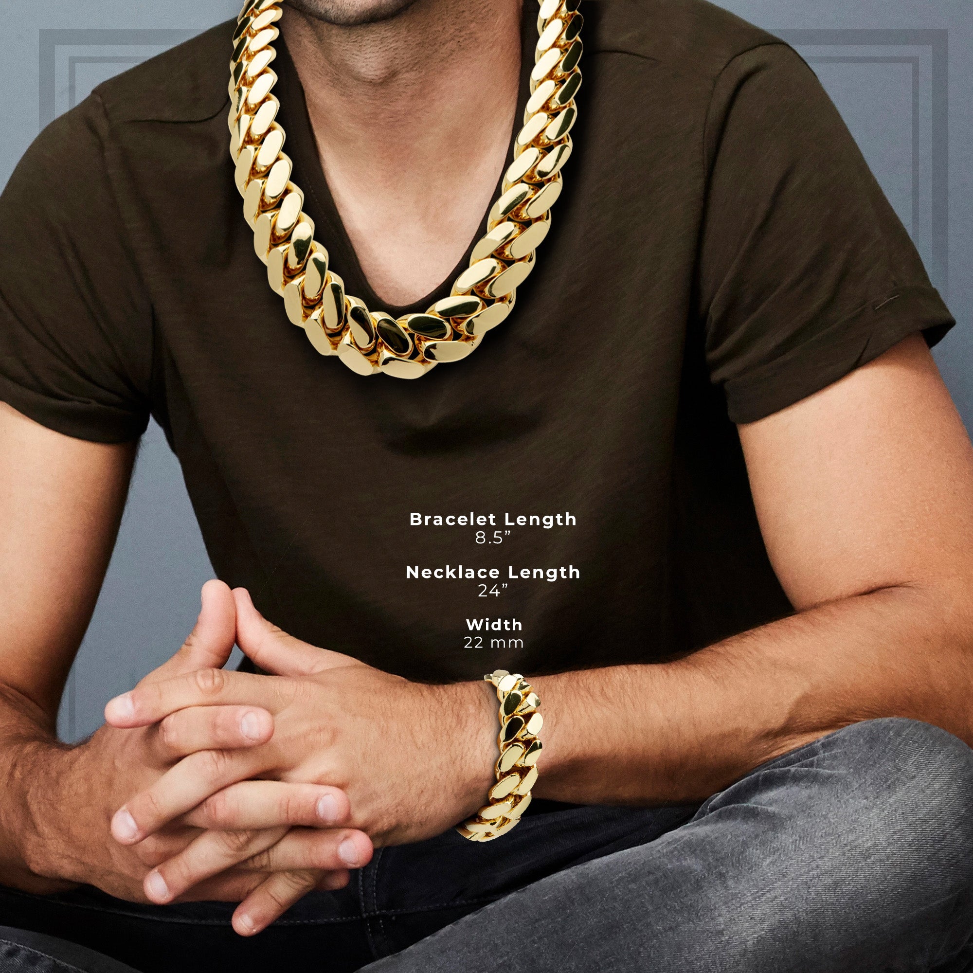 Miami Cuban Link Chain Set Necklace and Bracelet 14K Gold Premium Plated | 10-24mm