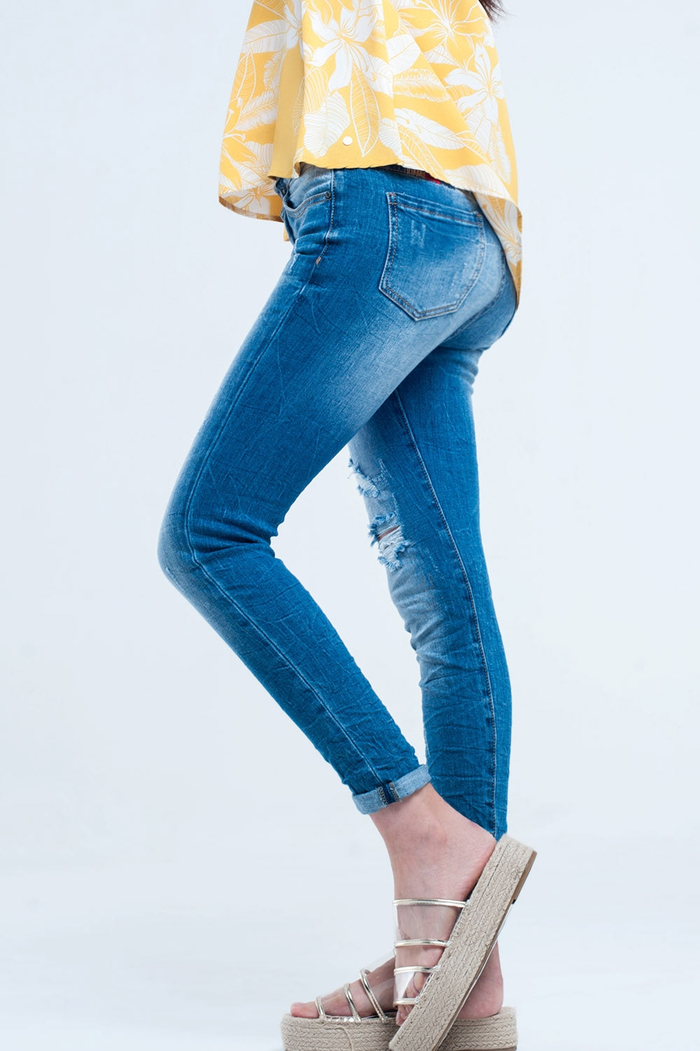 Mid Wash Fitted Jeans with Rips