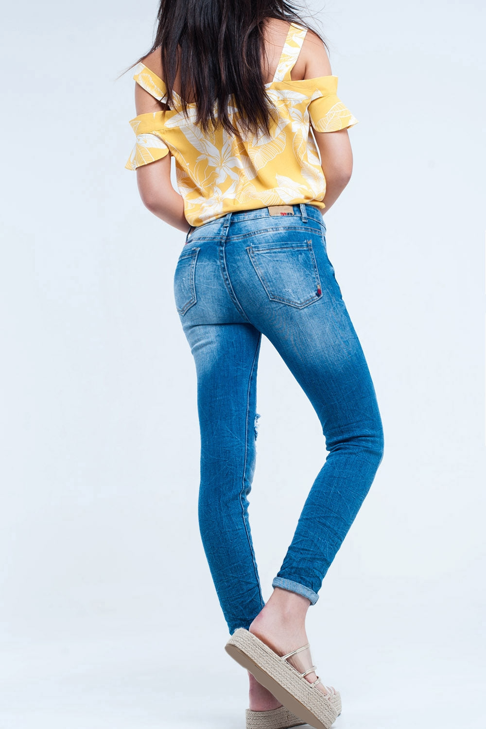 Mid Wash Fitted Jeans with Rips