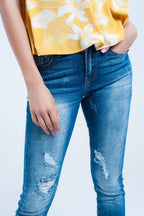 Mid Wash Fitted Jeans with Rips