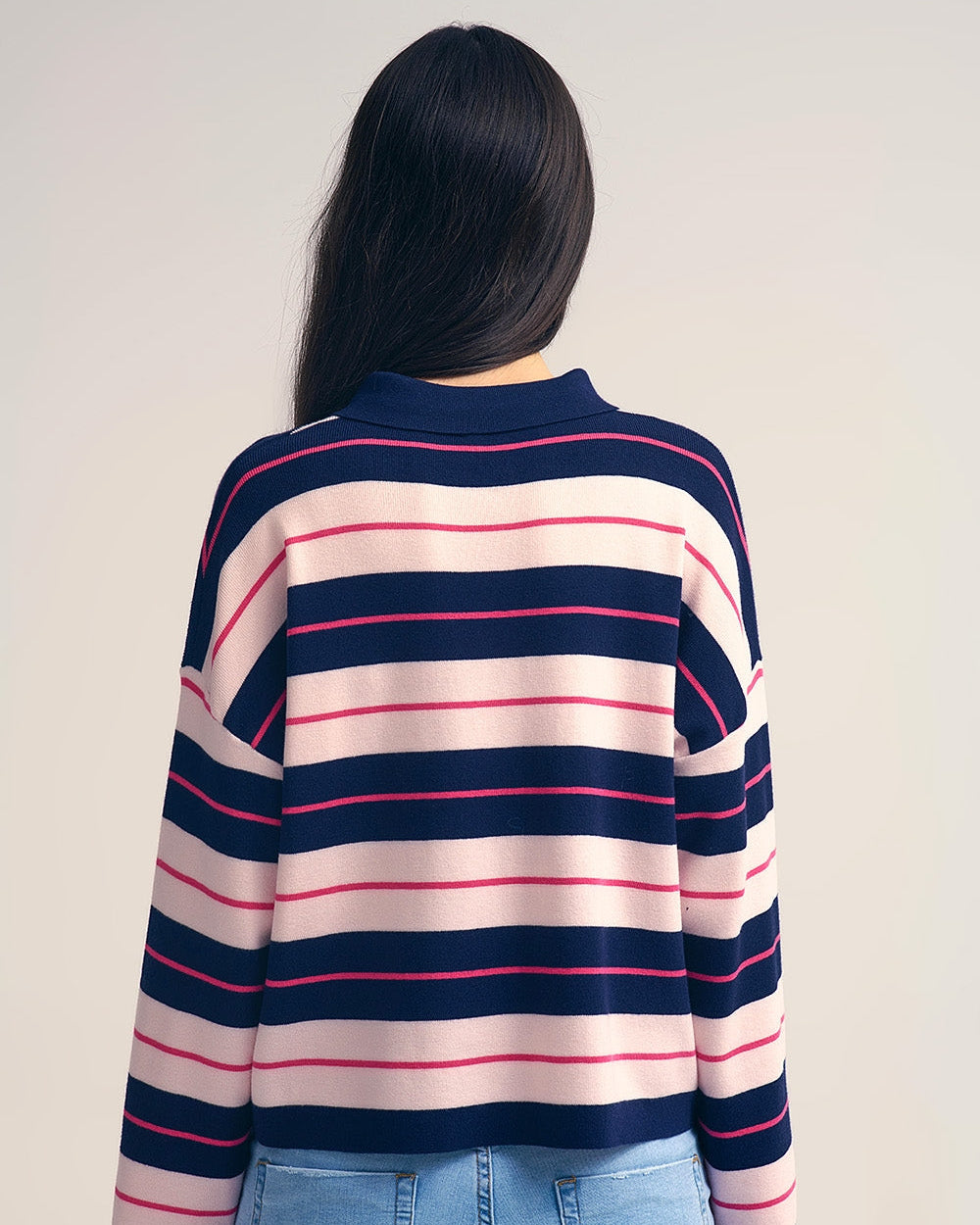 Navy Striped Knit Polo Sweater with Buttoned Collar