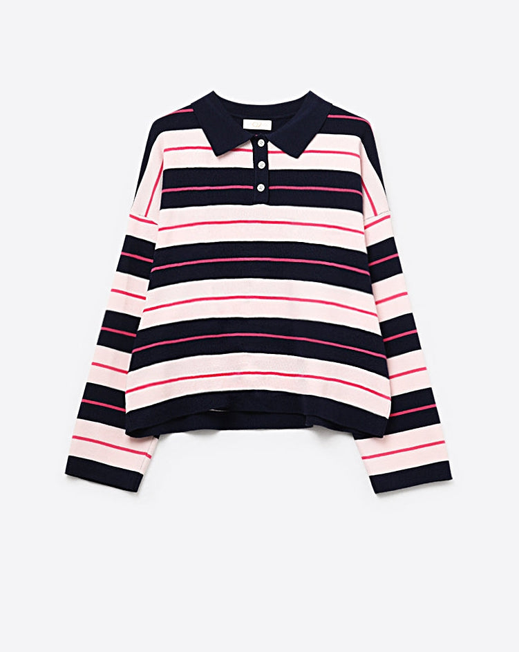 Navy Striped Knit Polo Sweater with Buttoned Collar