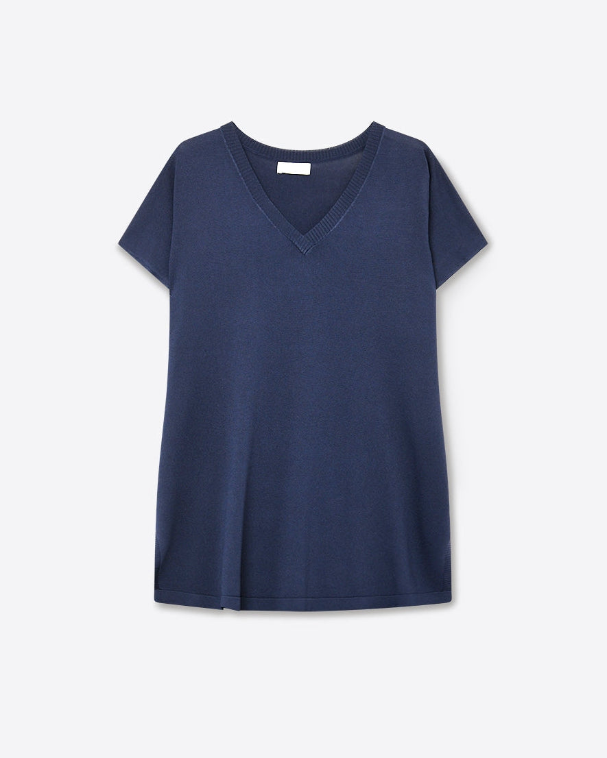 Navy V-Neck Short Sleeve Knitted Sweater