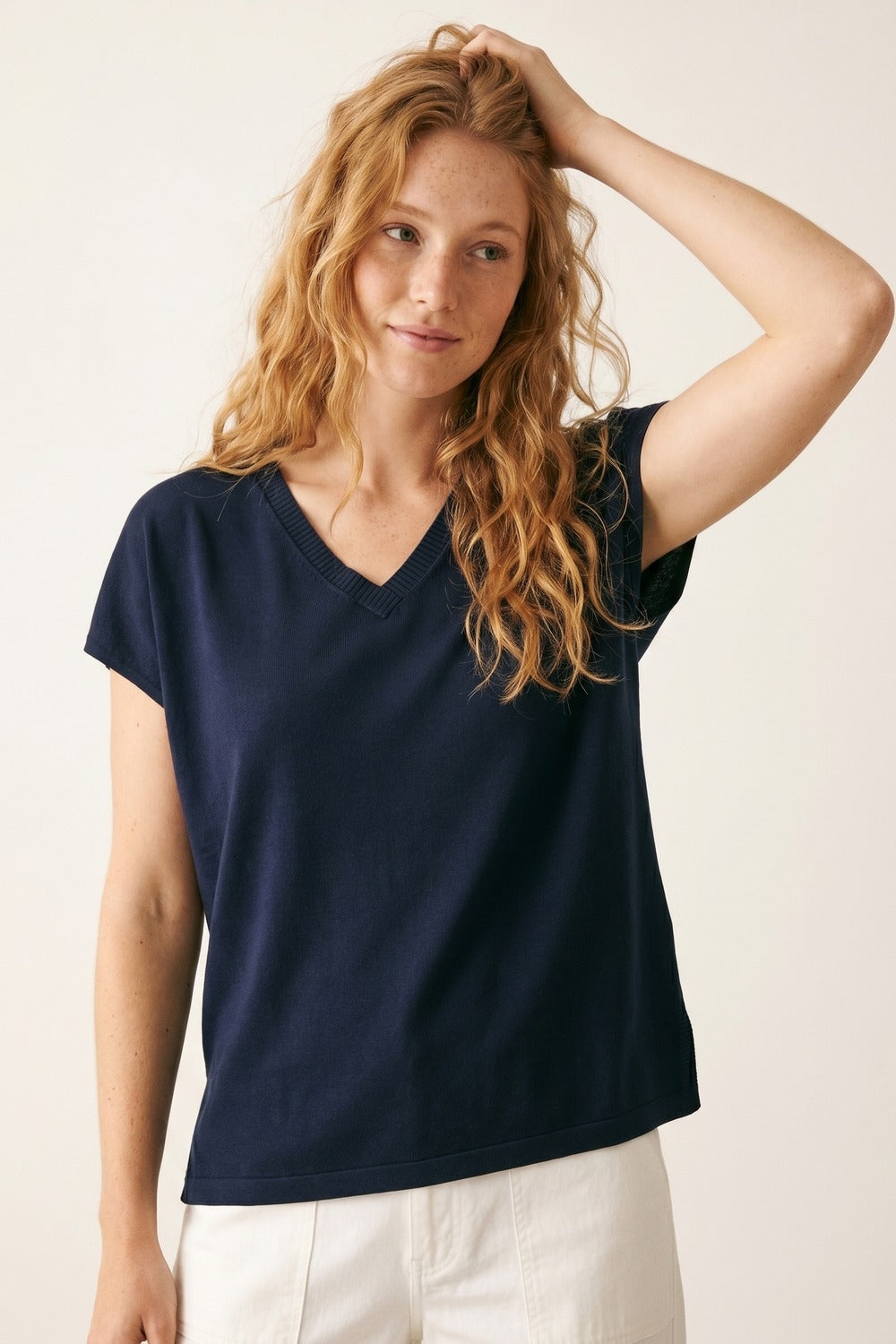 Navy V-Neck Short Sleeve Knitted Sweater
