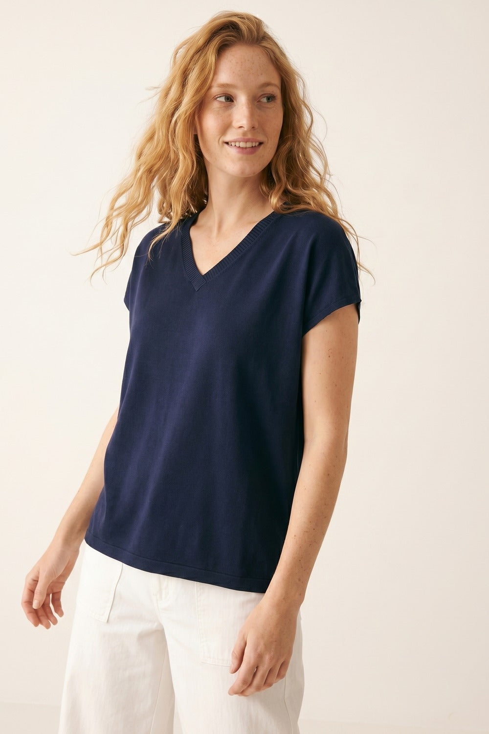 Navy V-Neck Short Sleeve Knitted Sweater