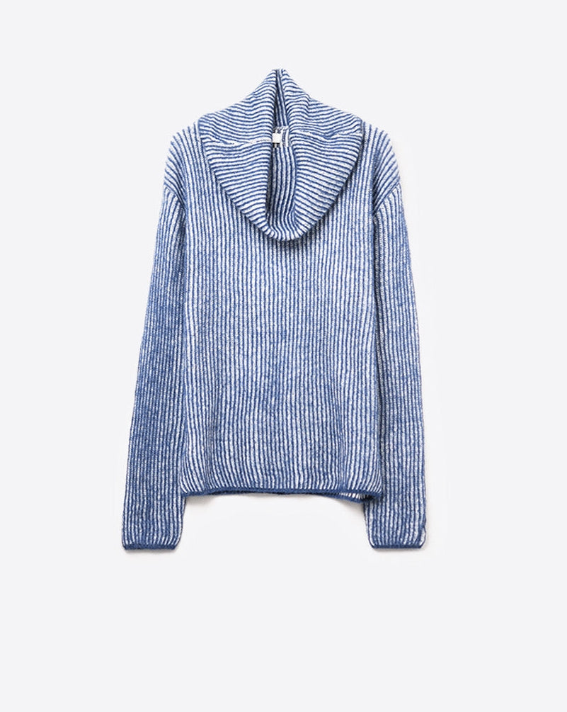 Navy Blue Ribbed Knit Sweater with a Roll Neck