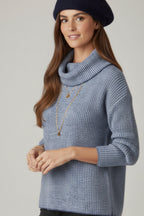 Navy Blue Ribbed Knit Sweater with a Roll Neck