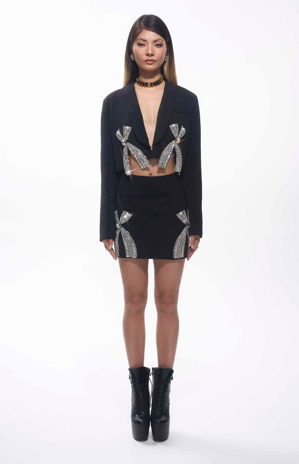 Nore Cut-Out Crystal Embellished Mini Skirt Set