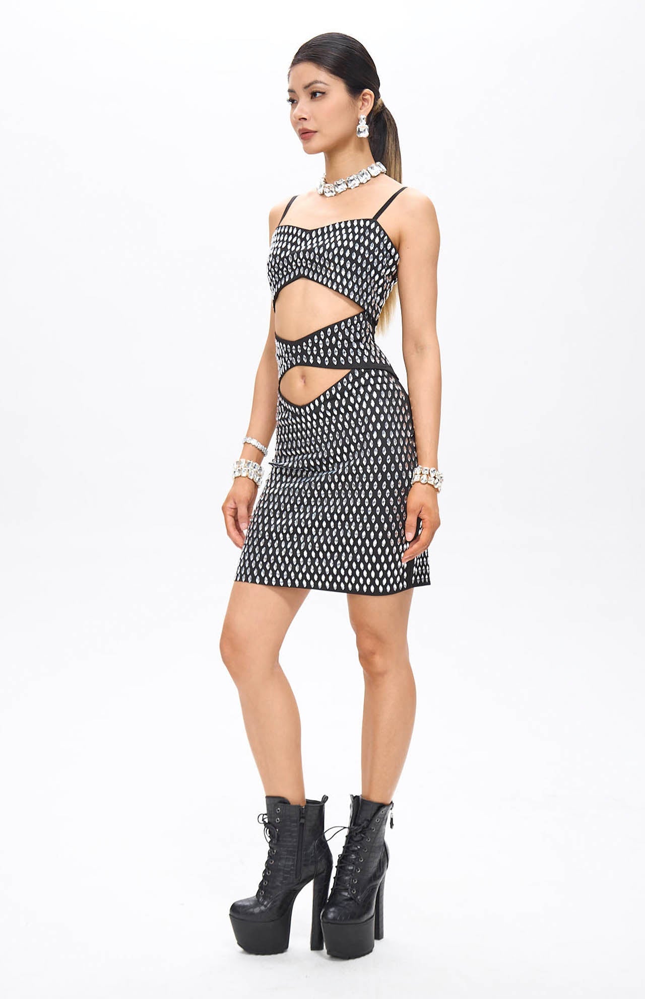 Nure Embellished Cut-Out Crystal Mini Dress Black