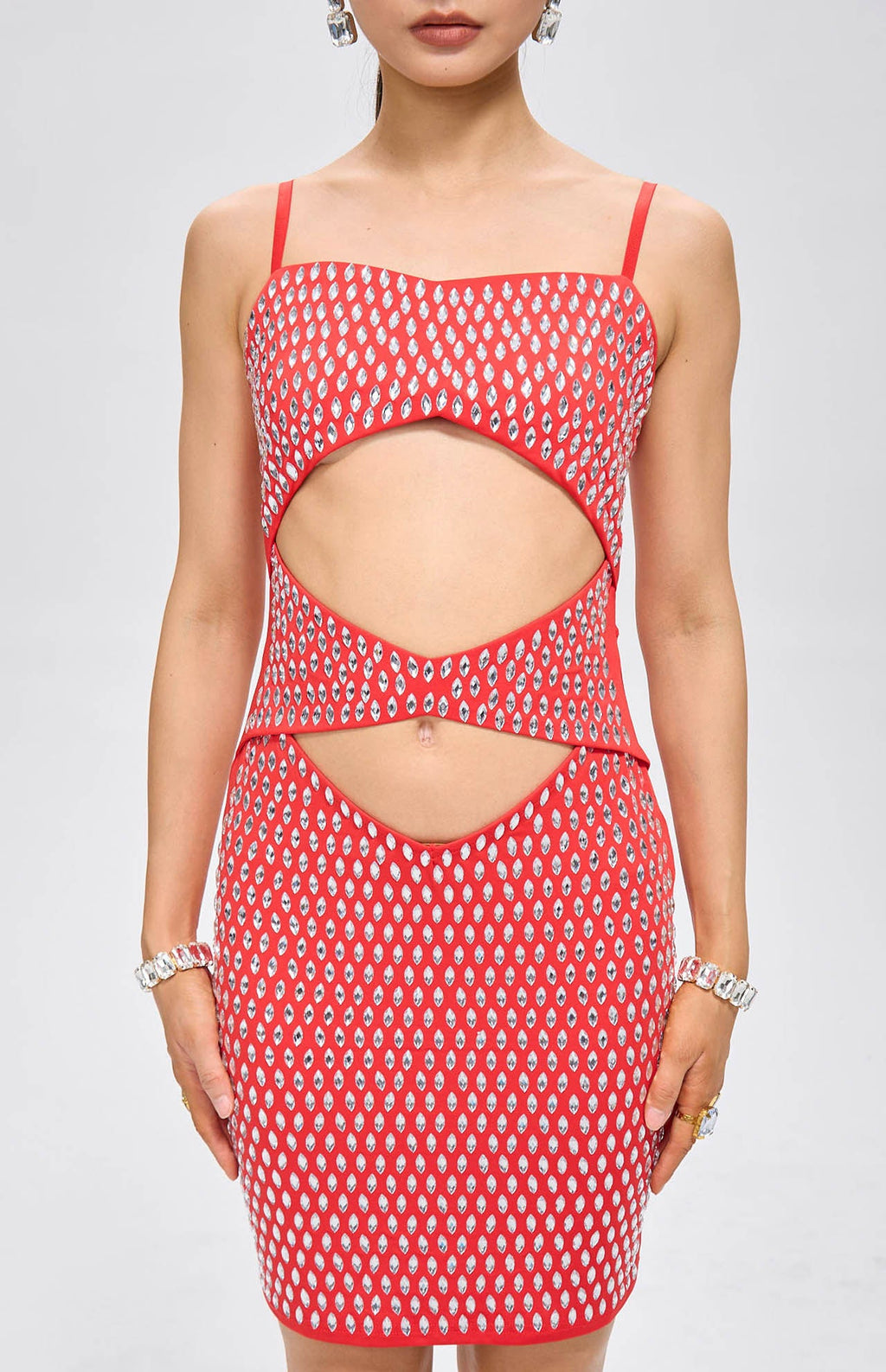 Nure Embellished Cut-Out Crystal Mini Dress Red