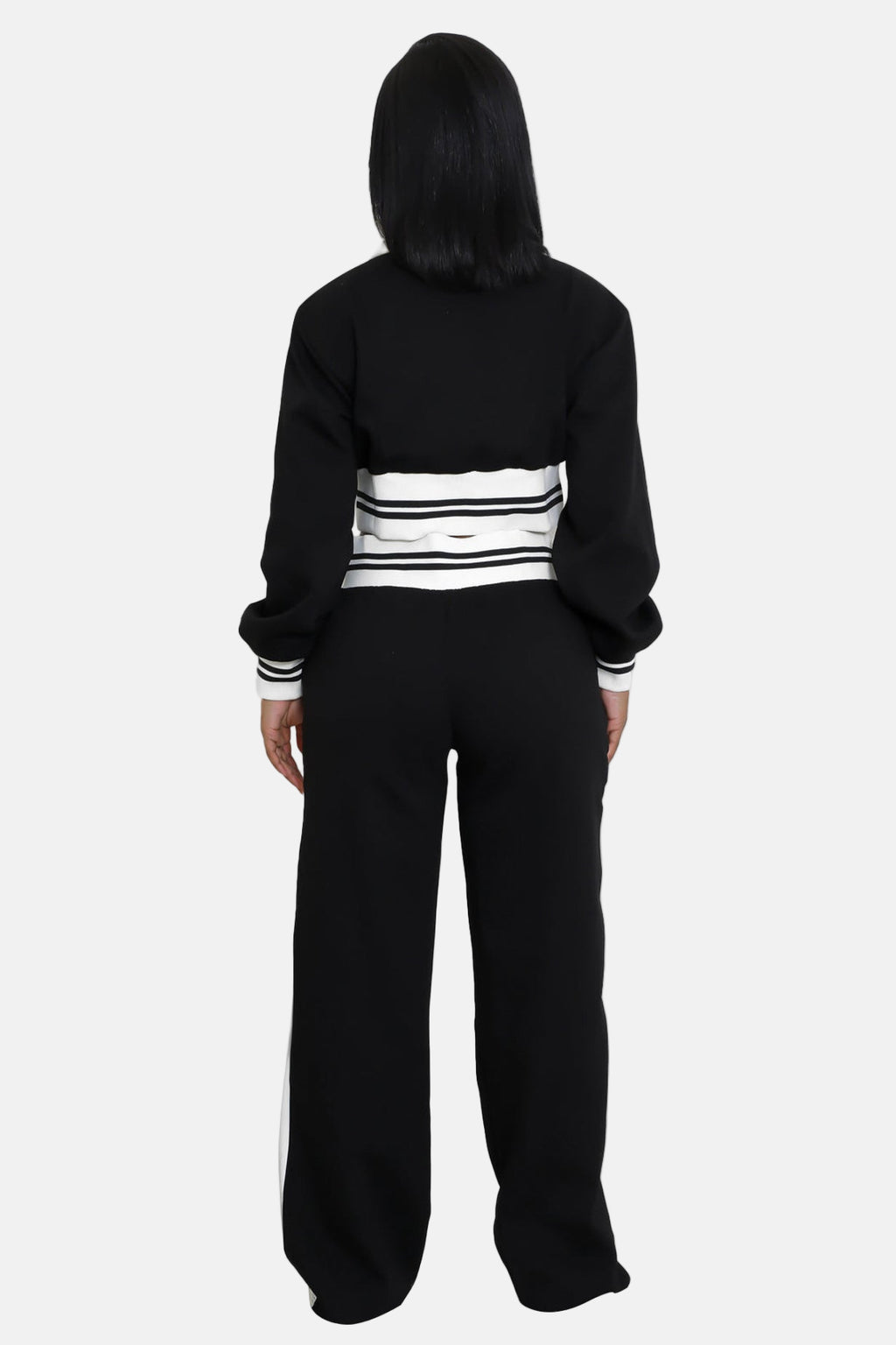 Crop Top Jacket and Wide Leg Pants Outfit Set Black/White