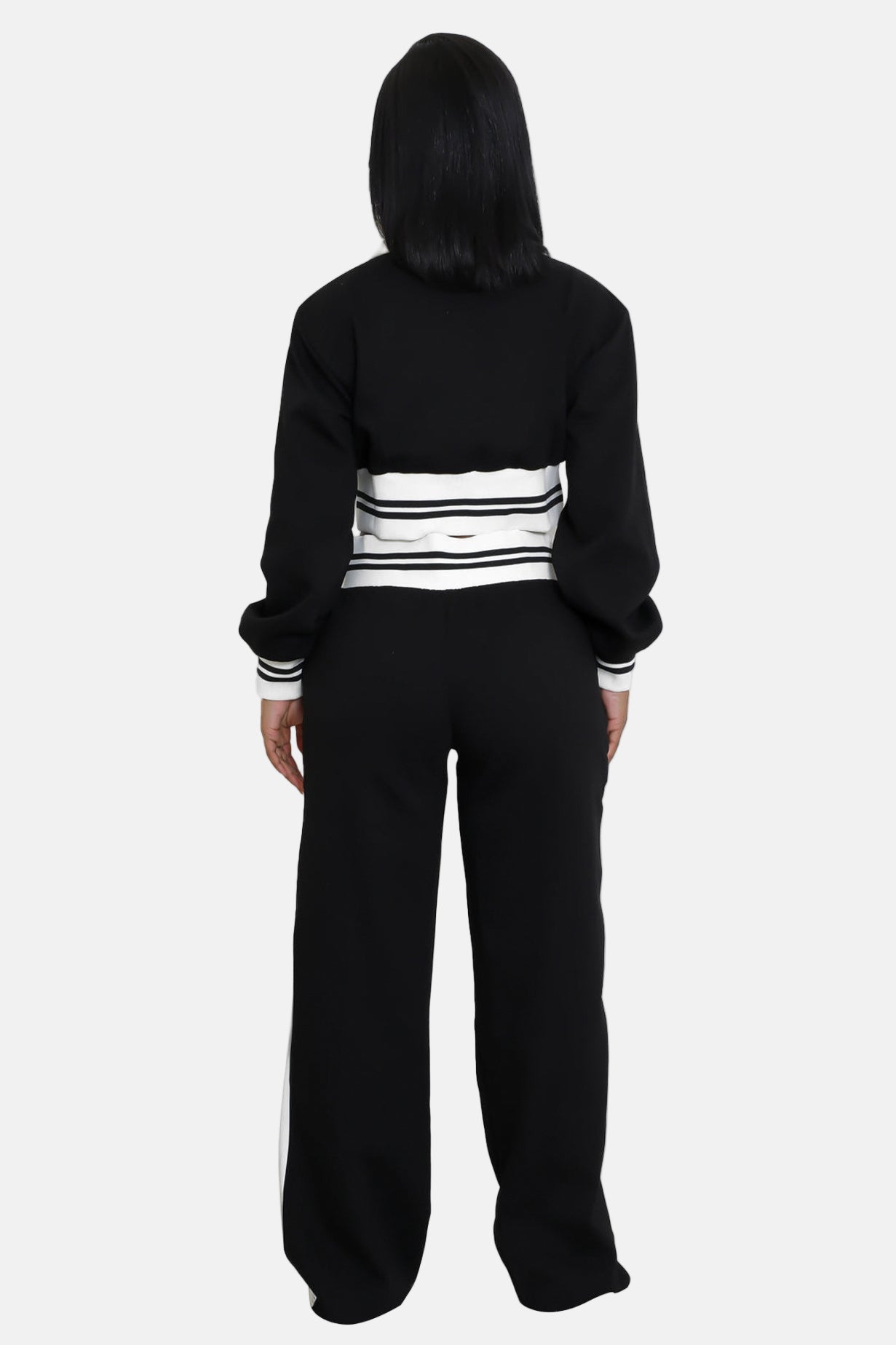 Crop Top Jacket and Wide Leg Pants Outfit Set Black/White