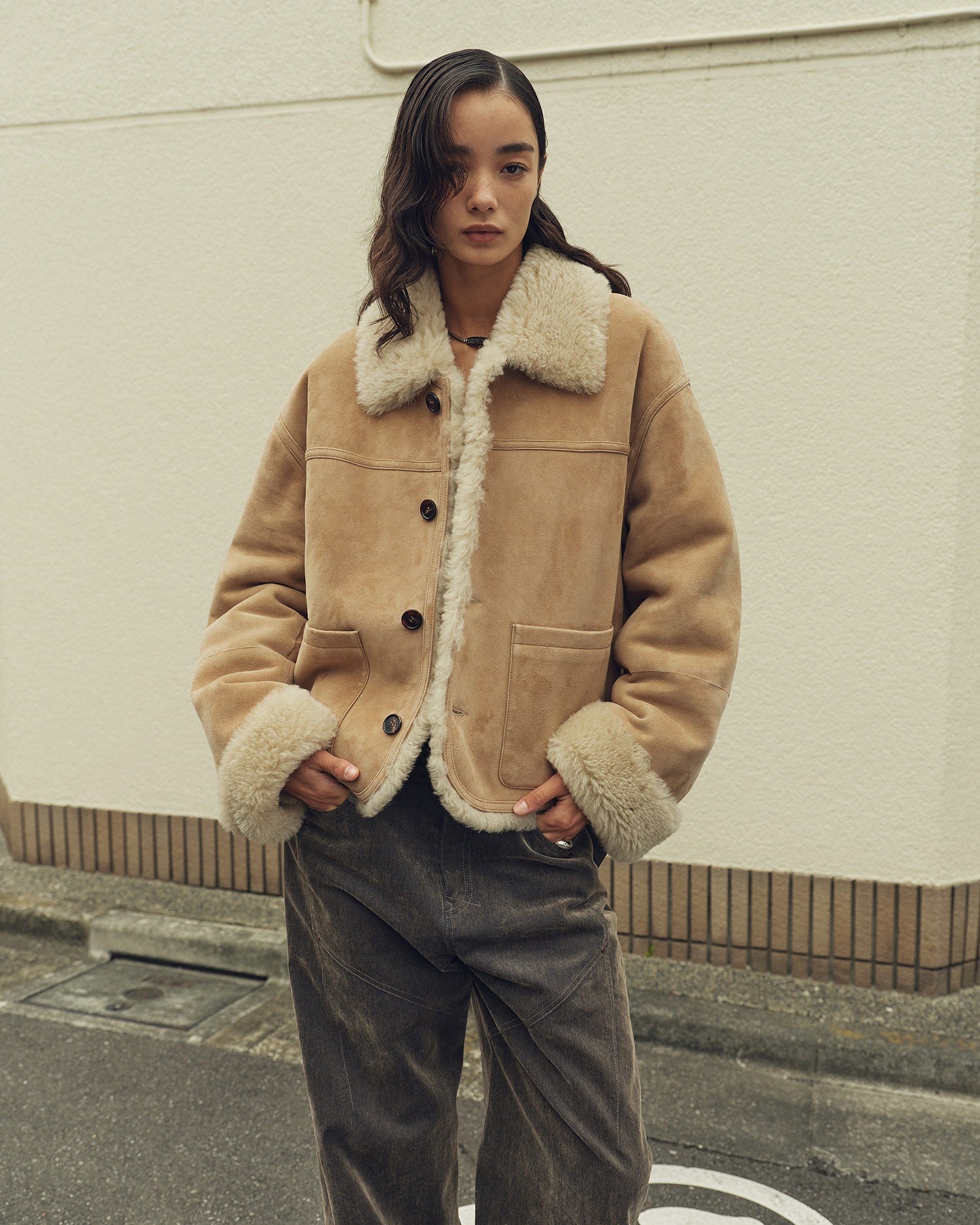 Firelady Fur Contrast Collar Shearling Coat with Shaved Leather Trim & Merino Shearling