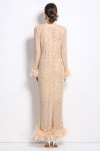 Crystal Rhinestone Party Maxi Dress Beige