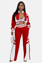 Crop Top Jacket and Wide Leg Pants Outfit Set Red/White