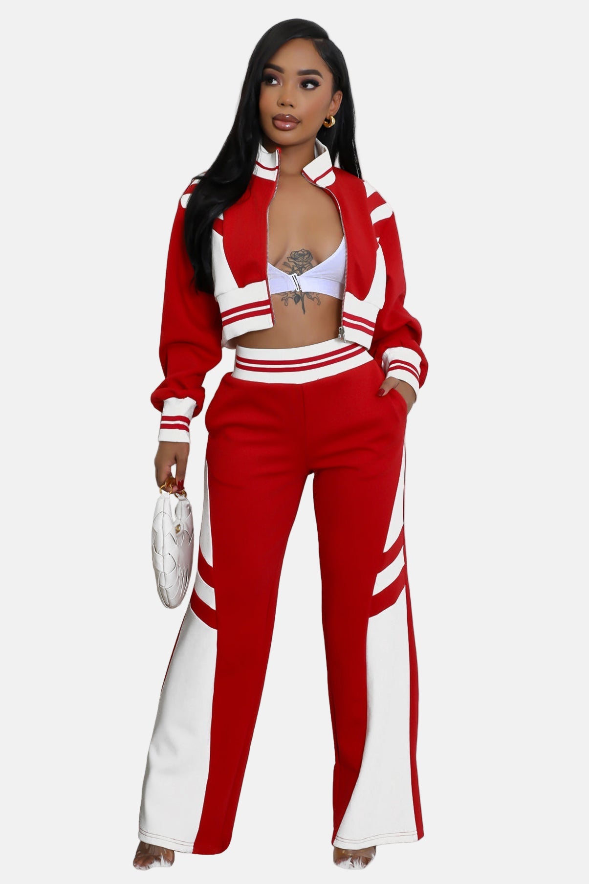 Crop Top Jacket and Wide Leg Pants Outfit Set Red/White