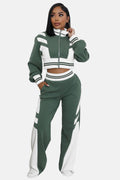 Crop Top Jacket and Wide Leg Pants Outfit Set Green/White