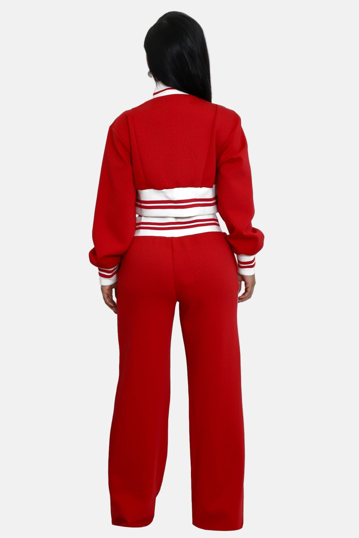 Crop Top Jacket and Wide Leg Pants Outfit Set Red/White