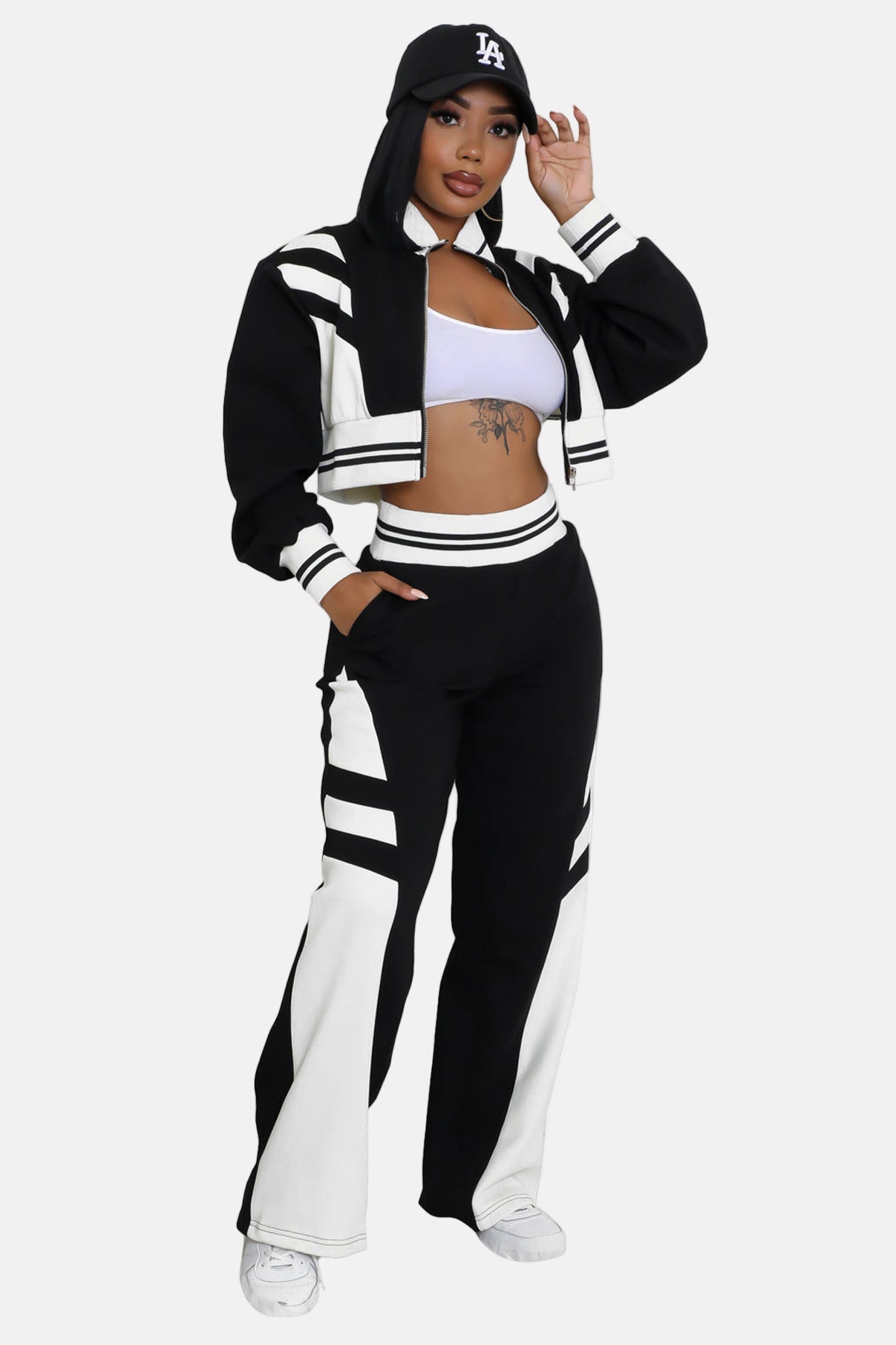 Crop Top Jacket and Wide Leg Pants Outfit Set Black/White