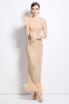 Crystal Rhinestone Party Maxi Dress Beige