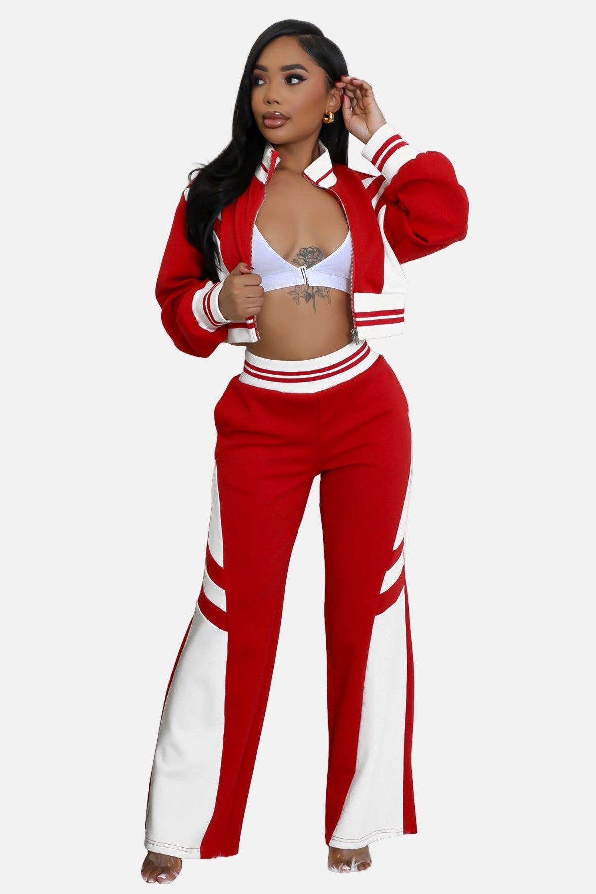 Crop Top Jacket and Wide Leg Pants Outfit Set Red/White