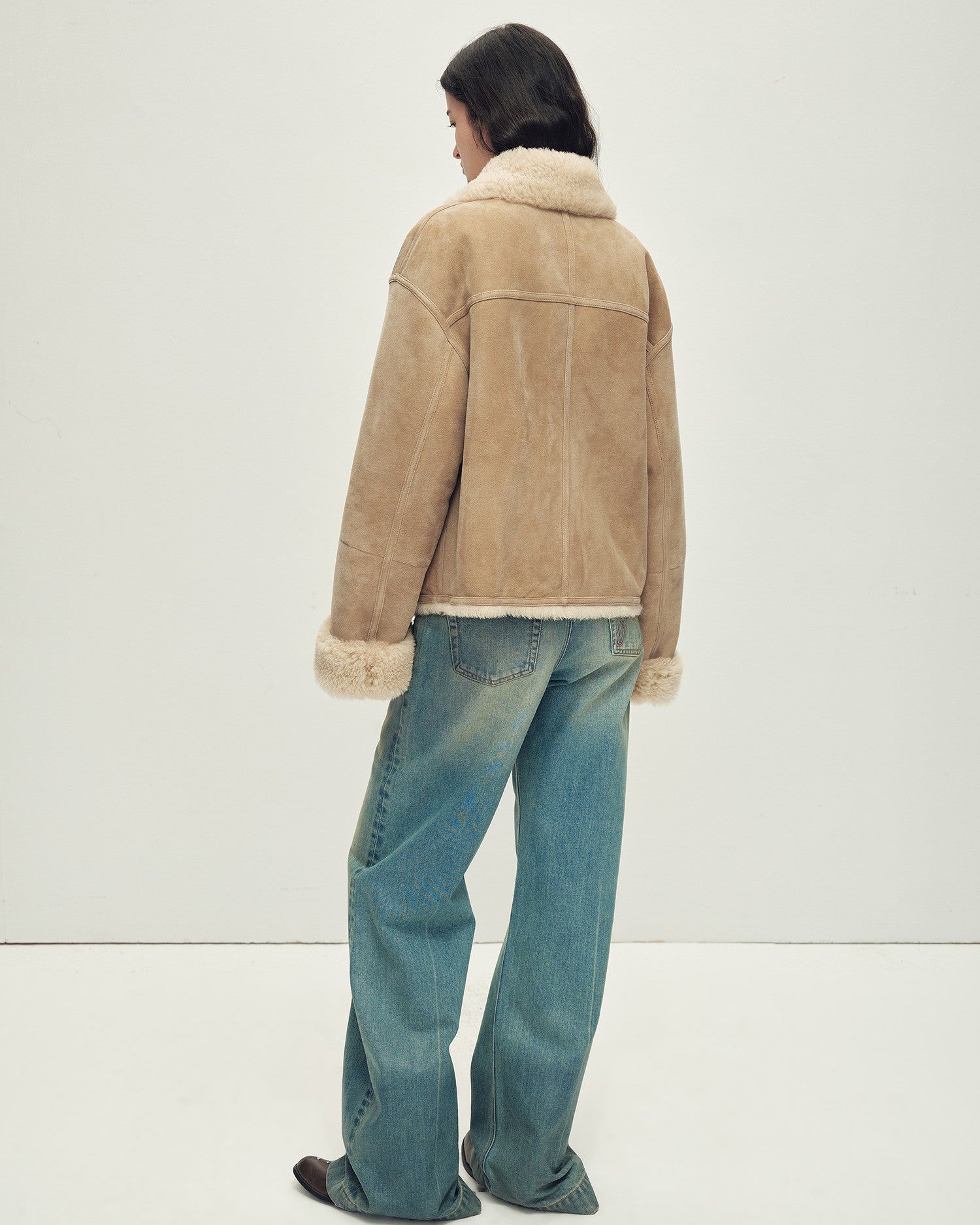 Firelady Fur Contrast Collar Shearling Coat with Shaved Leather Trim & Merino Shearling