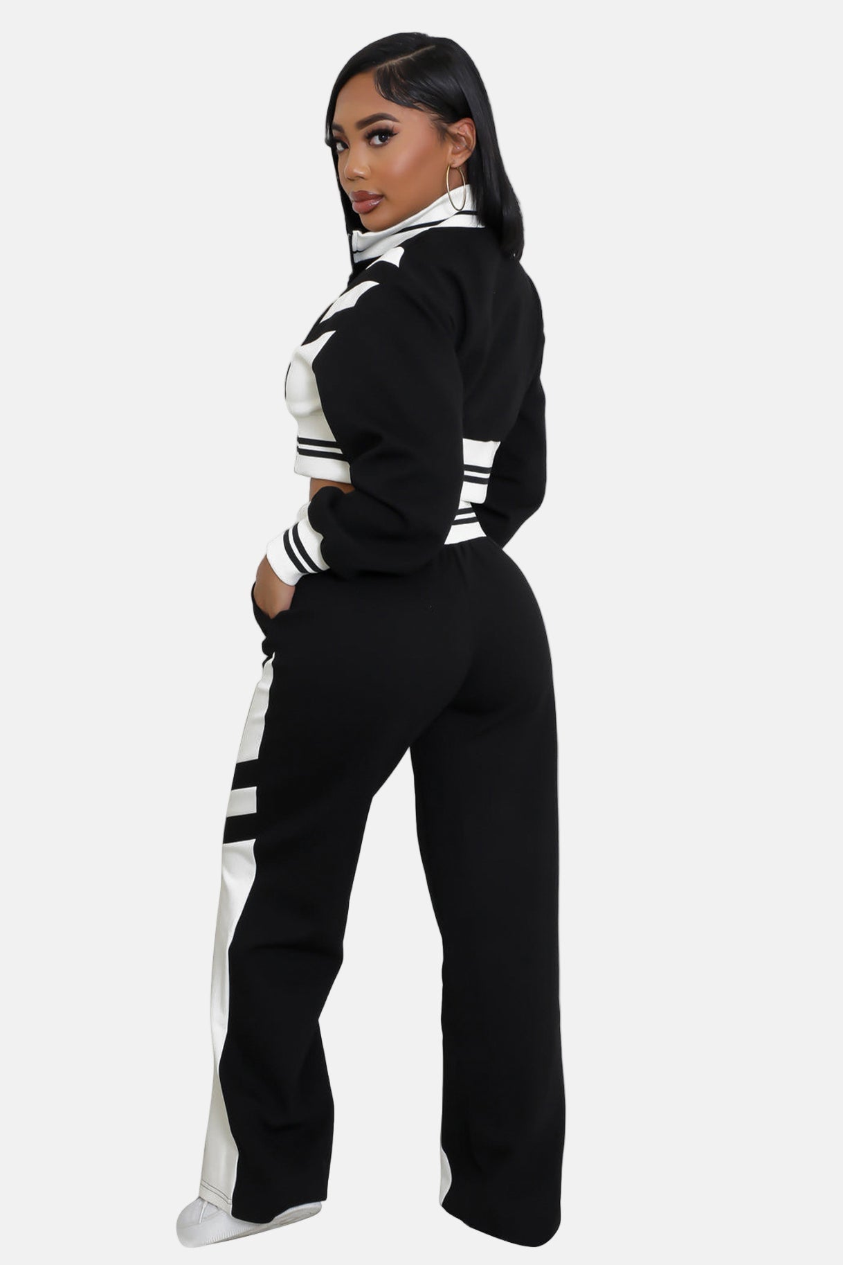 Crop Top Jacket and Wide Leg Pants Outfit Set Black/White