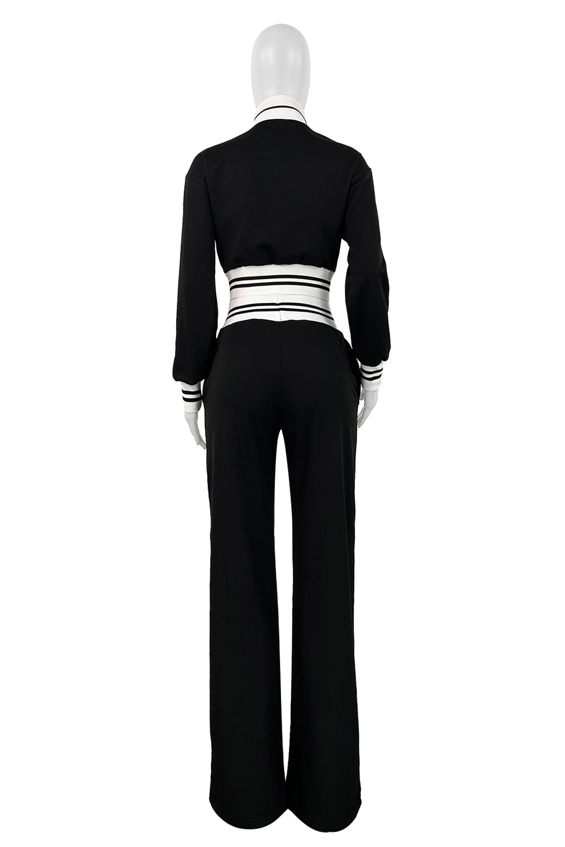 Crop Top Jacket and Wide Leg Pants Outfit Set Black/White